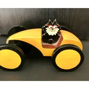 Vintage Felix the Cat in Wood Car, Hand carved/ Painted 1970s Collectible